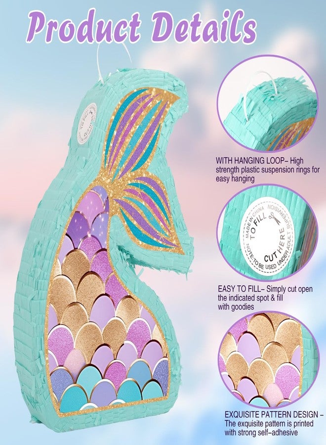 بيناتا ذيل حورية البحر - بيناتا حورية البحر مع عصابة للعينين ومضرب زينة لحفلات أعياد ميلاد البنات والأطفال ذات الطابع البحري (حجم صغير 17 بوصة × 12 بوصة × 3 بوصة) - Image 5